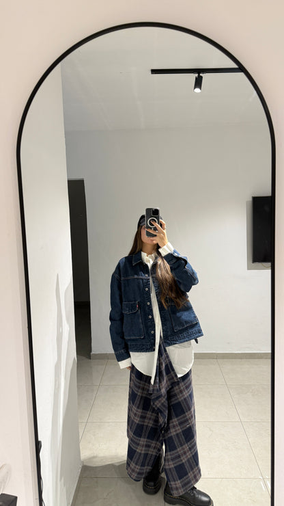 חצאית אי סימטרית משובצת כחולה 100% צמר